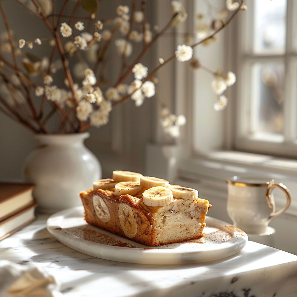 A slice of cream cheese cinnamon swirl banana bread on a white marble countertop, illuminated by natural light.