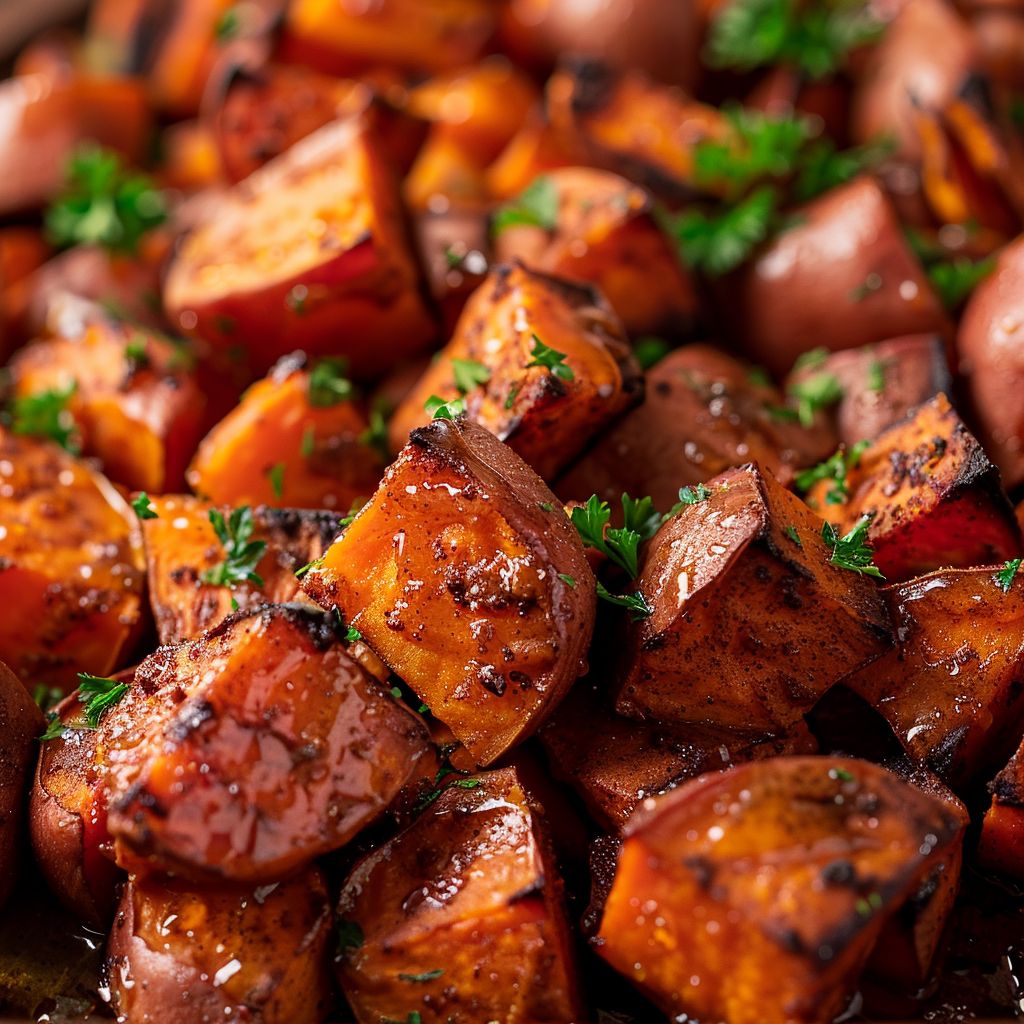 Close-up of roasted sweet potato cubes drizzled with honey and sprinkled with cinnamon, illuminated by warm side lighting.