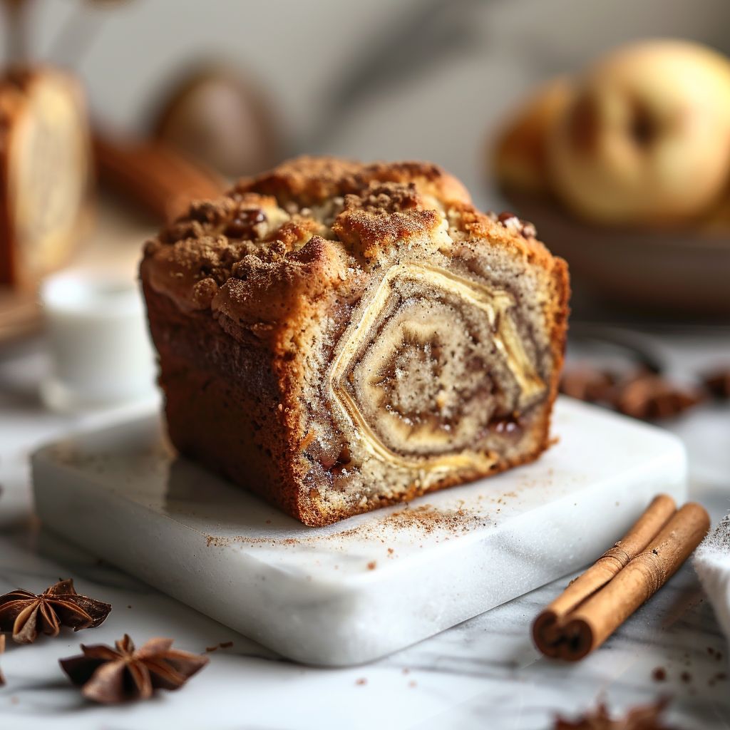 A slice of cinnamon swirl banana bread on a white marble countertop, well-lit with natural light.