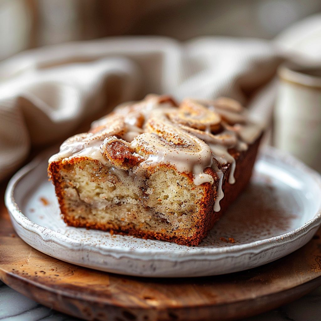 A close-up view of cinnamon swirl banana bread topped with sweet icing on a light grey ceramic plate.