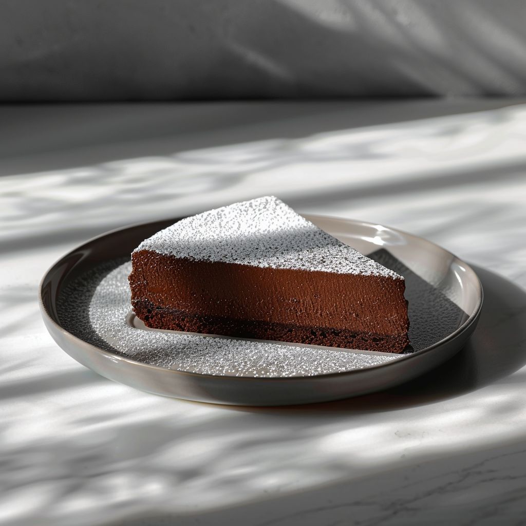 A perfectly sliced piece of 1mg696s8kk on a light grey ceramic plate, illuminated by natural window light.