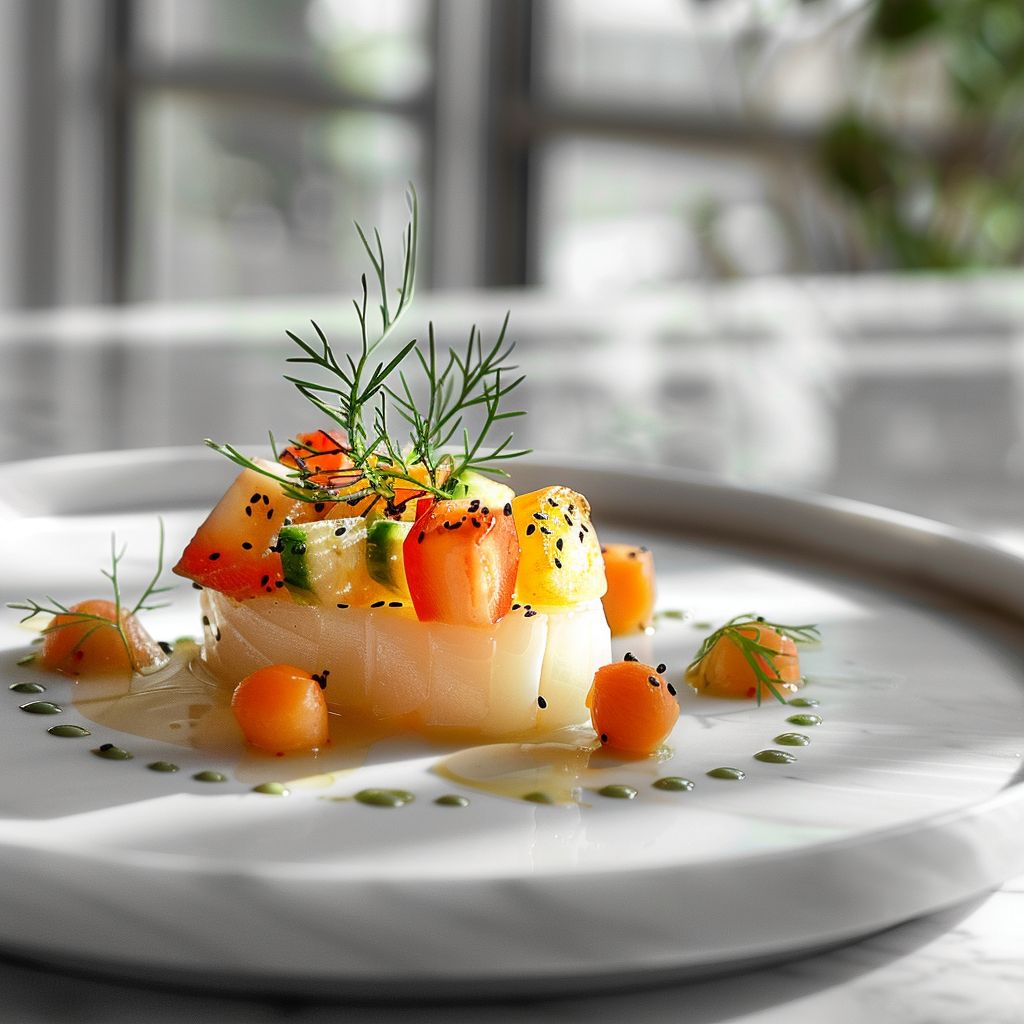 A close-up of a beautifully plated dish on a white marble countertop, illuminated by natural light.