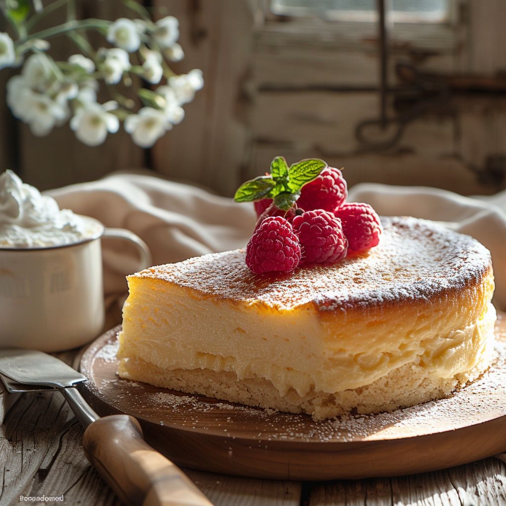 A perfect slice of pastry on a light wooden board, illuminated by natural light.