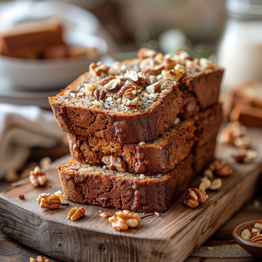 Close-up of a slice of banana nut bread on a wooden board, lightly styled.