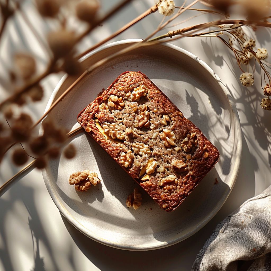 Top-down view of a portion of banana nut bread on a light grey ceramic plate.