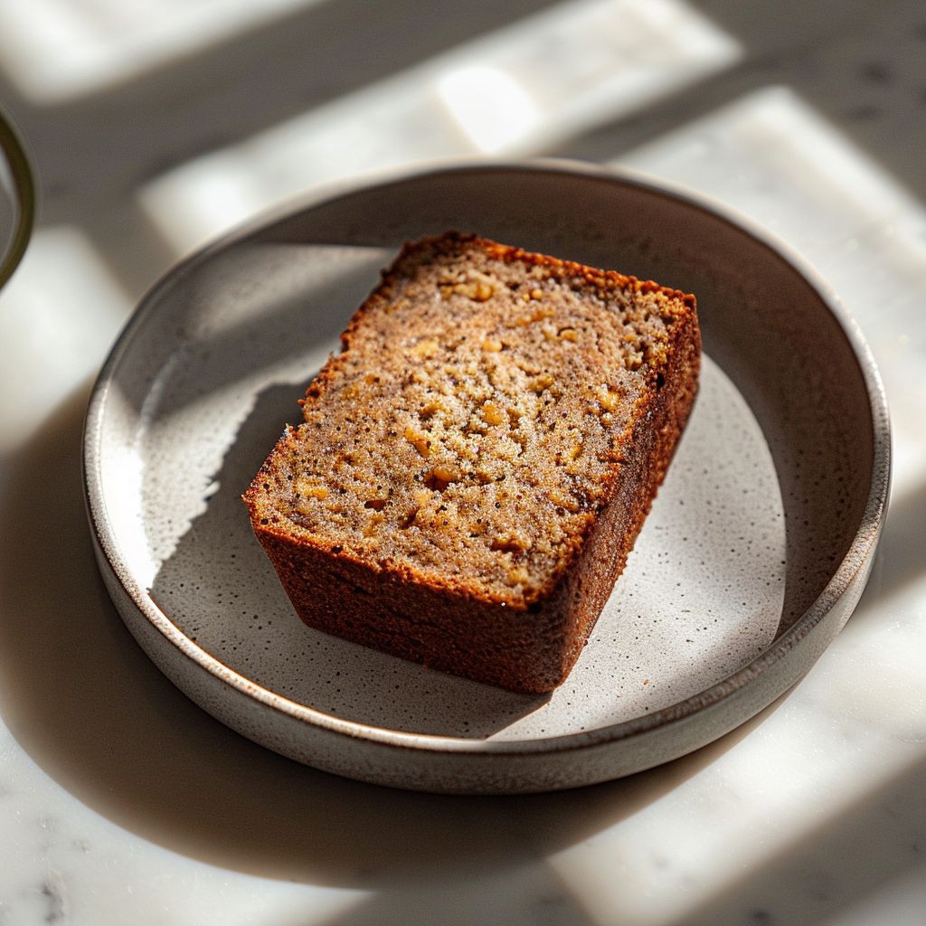 A portion of banana nut bread on a light grey ceramic plate, elegantly presented in natural light.