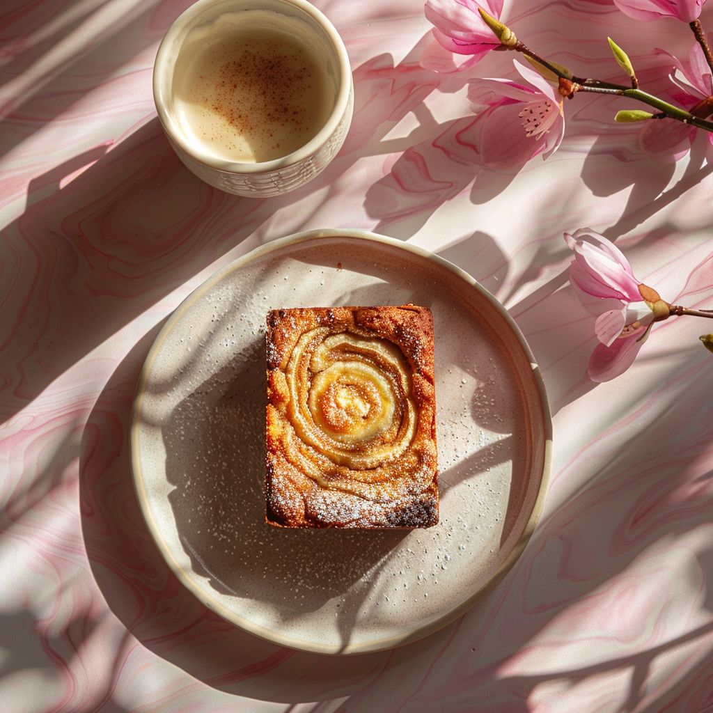 A top-down view of a slice of cinnamon swirl banana bread on a pale pink surface.