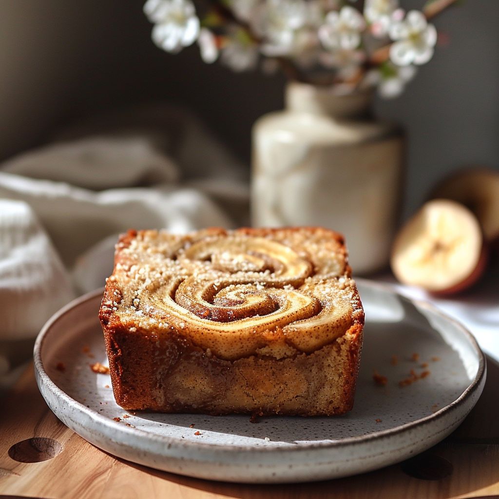 Close-up of a slice of cinnamon swirl banana bread on a light grey plate.