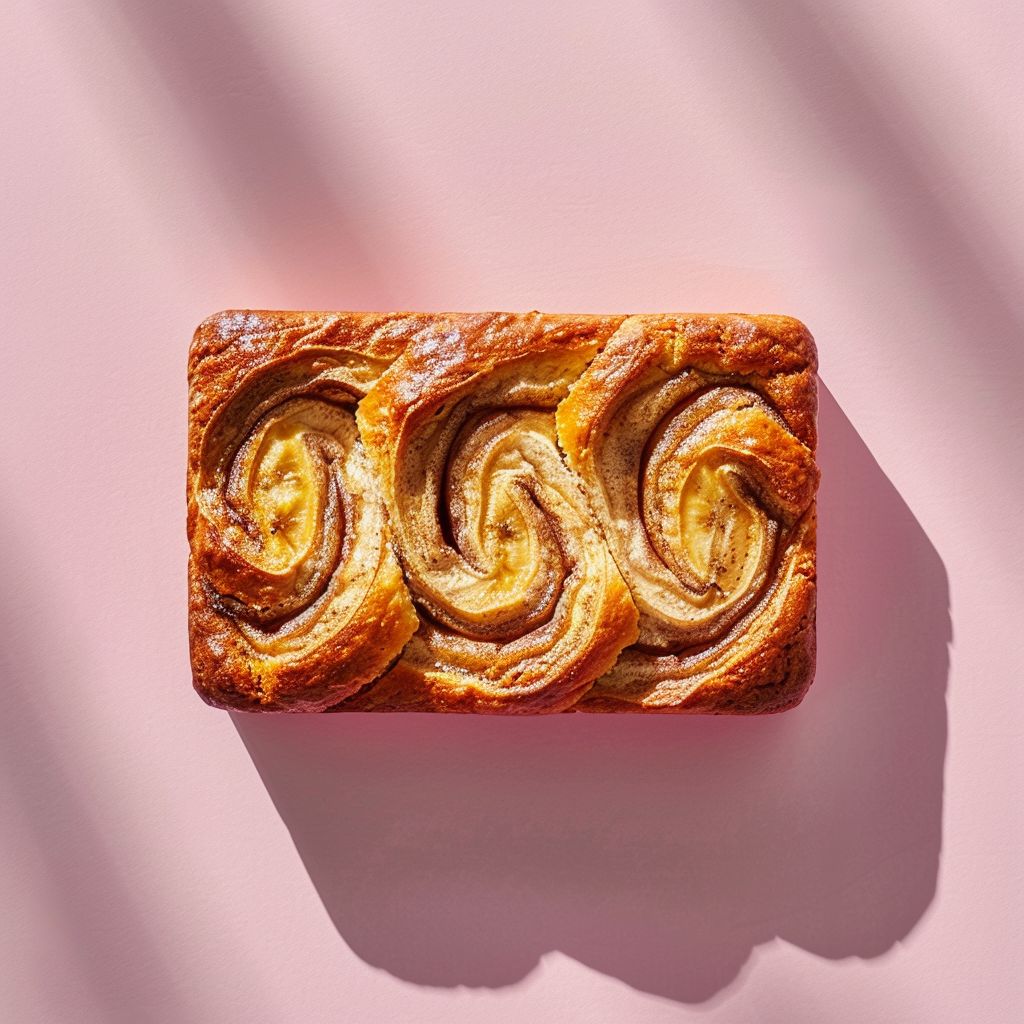 A top-down view of a slice of cinnamon swirl banana bread on a pale pink surface, illuminated by natural light.