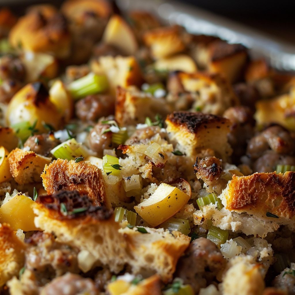 Close-up of a golden-brown Apple Sausage Stuffing Bake with visible ingredients.