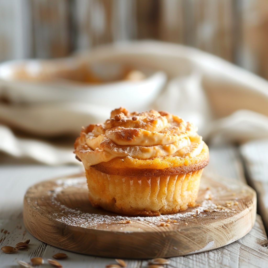 A close-up shot of a pumpkin cream cheese muffin on a light wooden board.