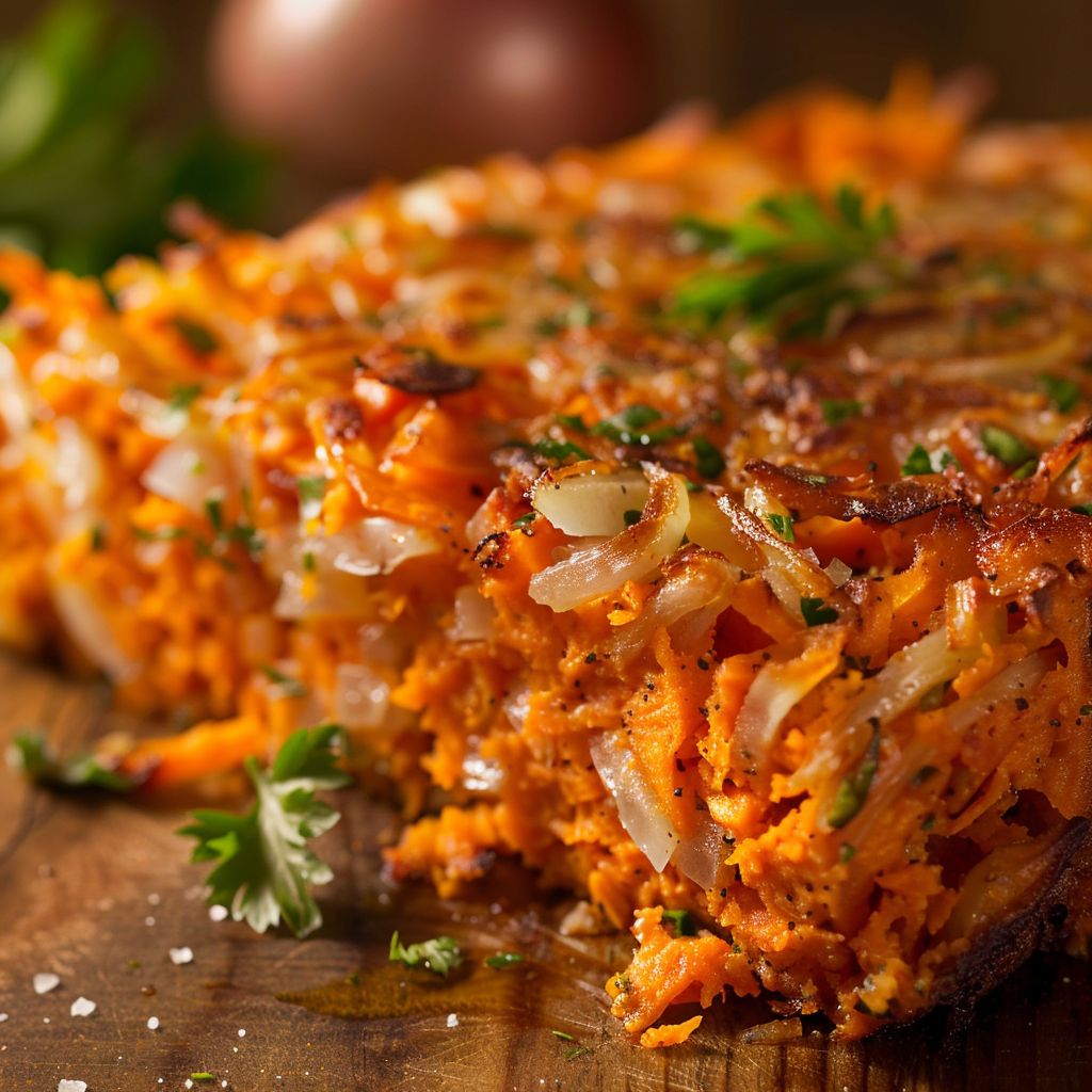 Close-up of golden-brown sweet potato hash browns with finely chopped onions and garnished with fresh parsley.