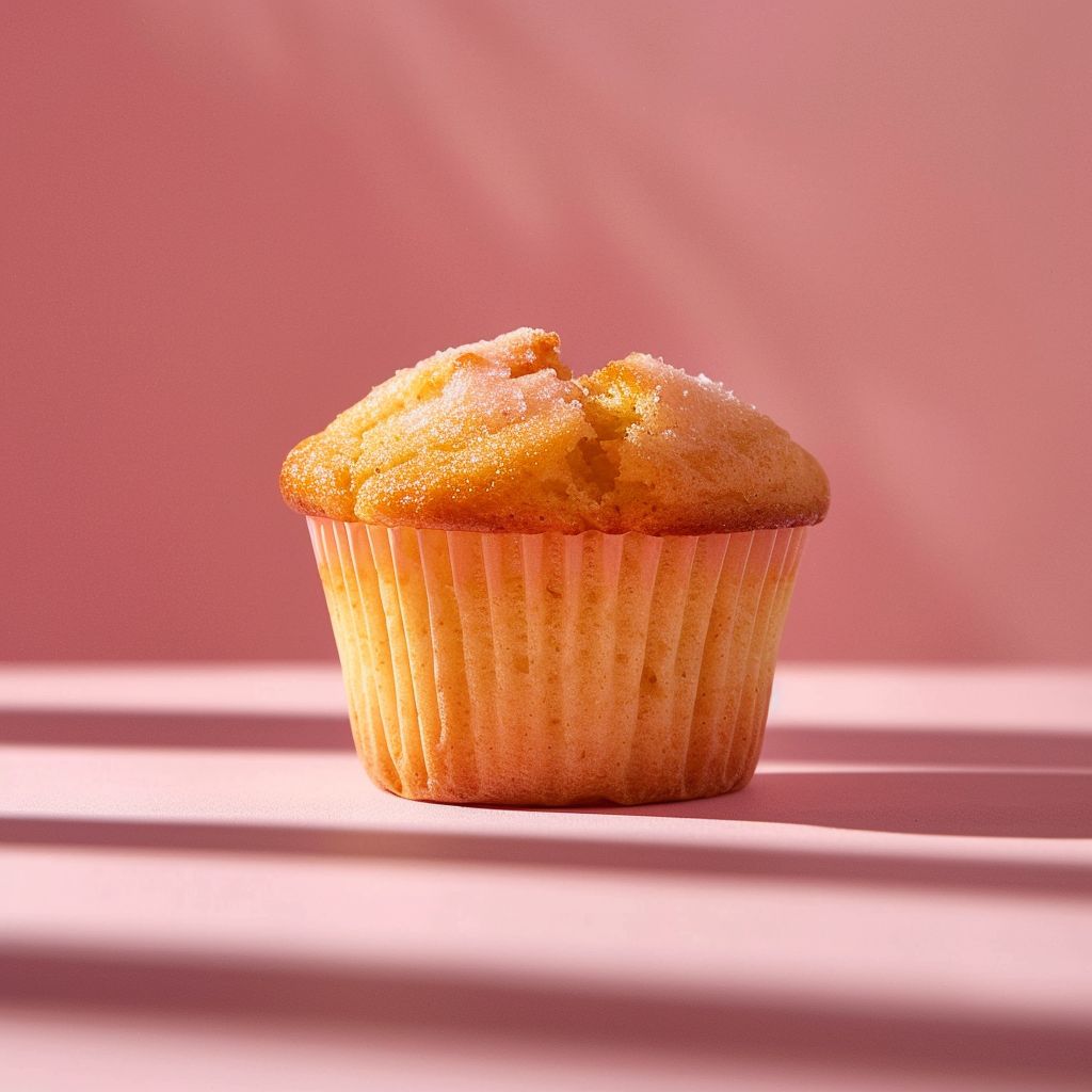 Close-up of a beautifully styled pumpkin cream cheese muffin on a pale pink surface.