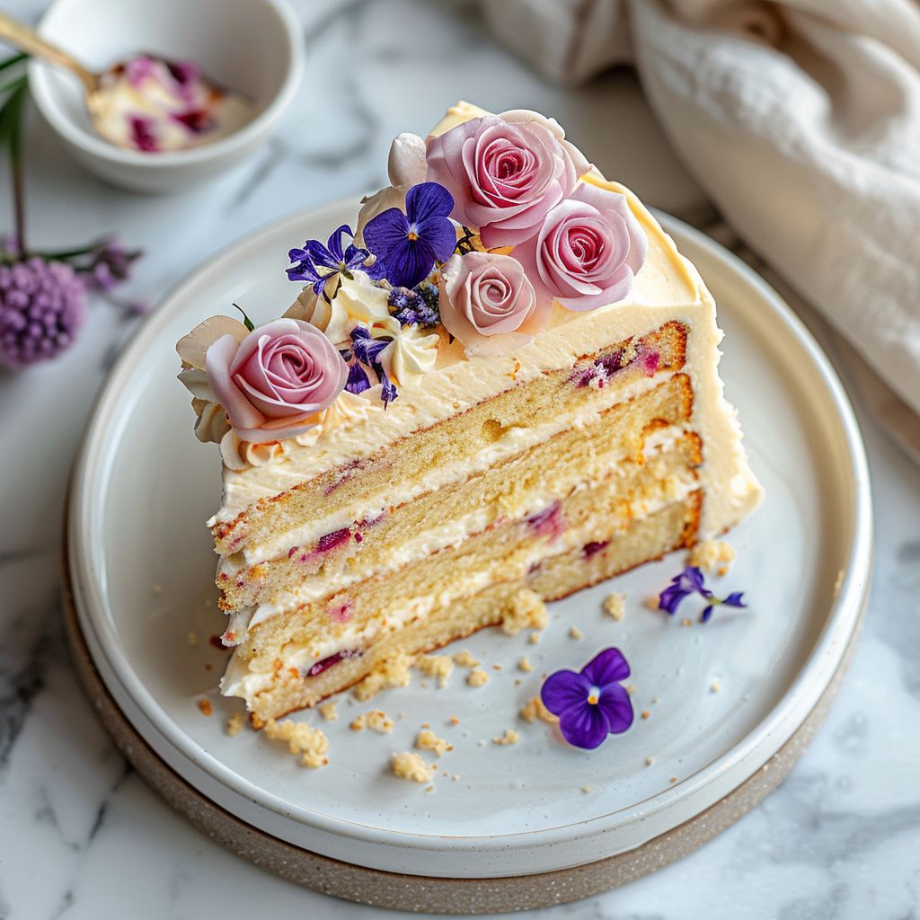 A beautiful top-down view of a slice of cake on a white marble countertop, showcasing various cake mix recipes.