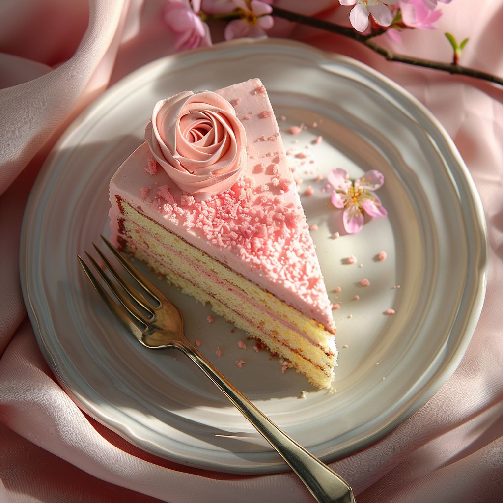 A flatlay of a perfectly sliced cake showcasing 25+ cake mix recipes on a pale pink surface.