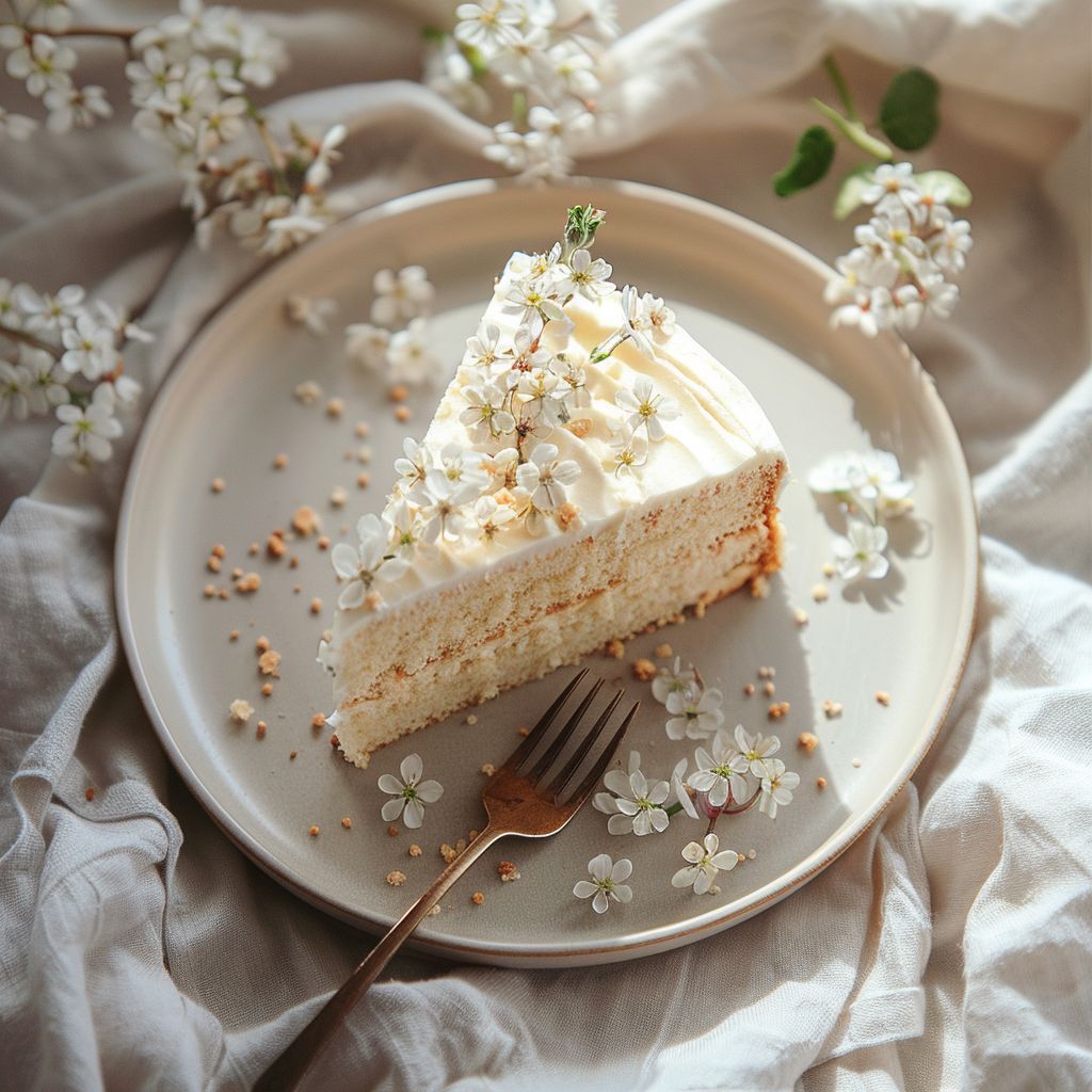 A top-down view of a beautifully styled slice of cake on a light grey ceramic plate surrounded by other cakes.