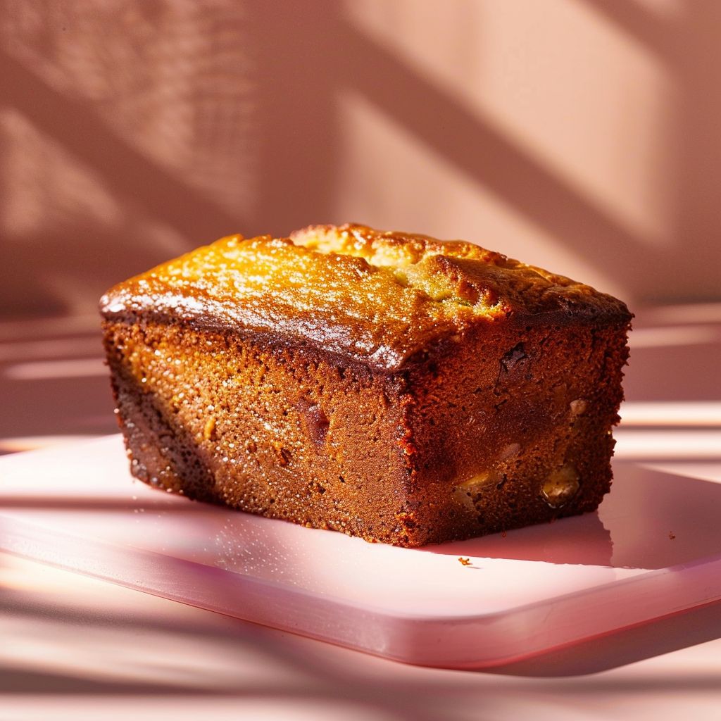 Close-up of a slice of banana bread on a pale pink surface, with a soft-focus background.