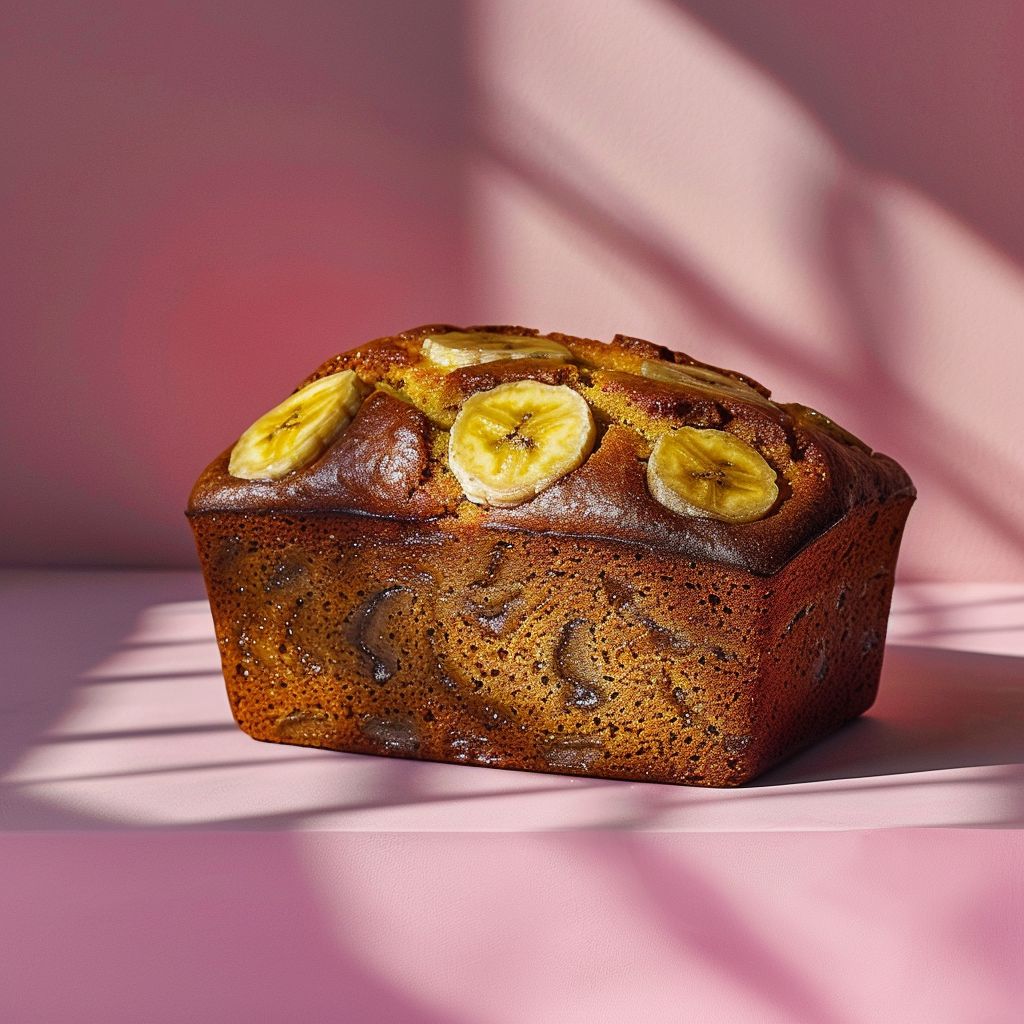 A slice of banana bread on a pale pink surface, elegantly styled with soft lighting.