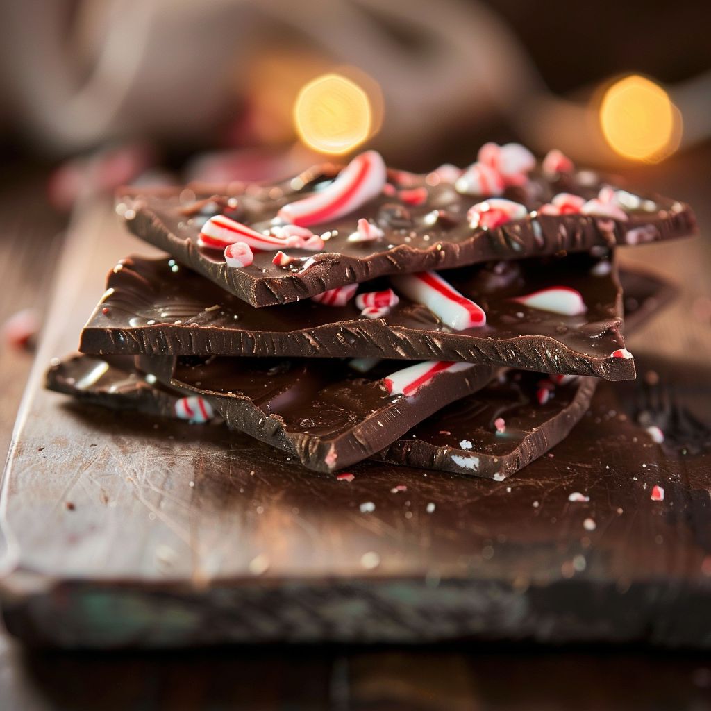 Close-up view of Chocolate Candy Cane Bark with crushed candy canes sprinkled on top.