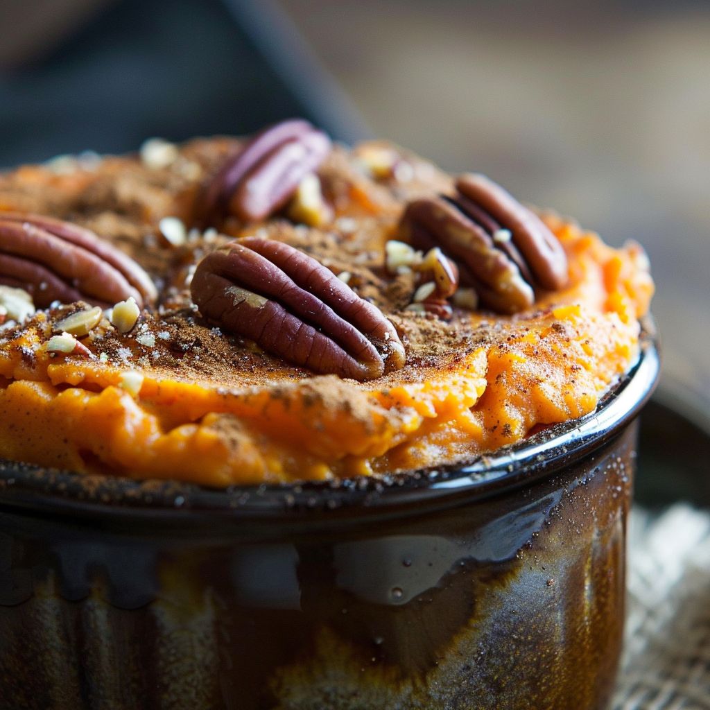 Close-up of a fluffy Sweet Potato Soufflé with a golden-brown top, surrounded by soft shadows.