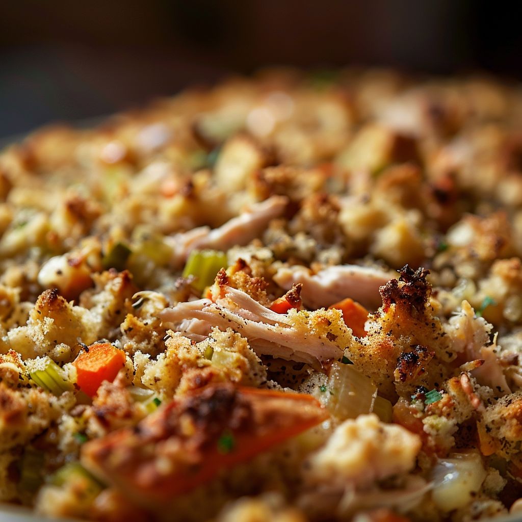 Close-up of a warm Turkey and Stuffing Casserole with golden-brown top and mixed vegetables.
