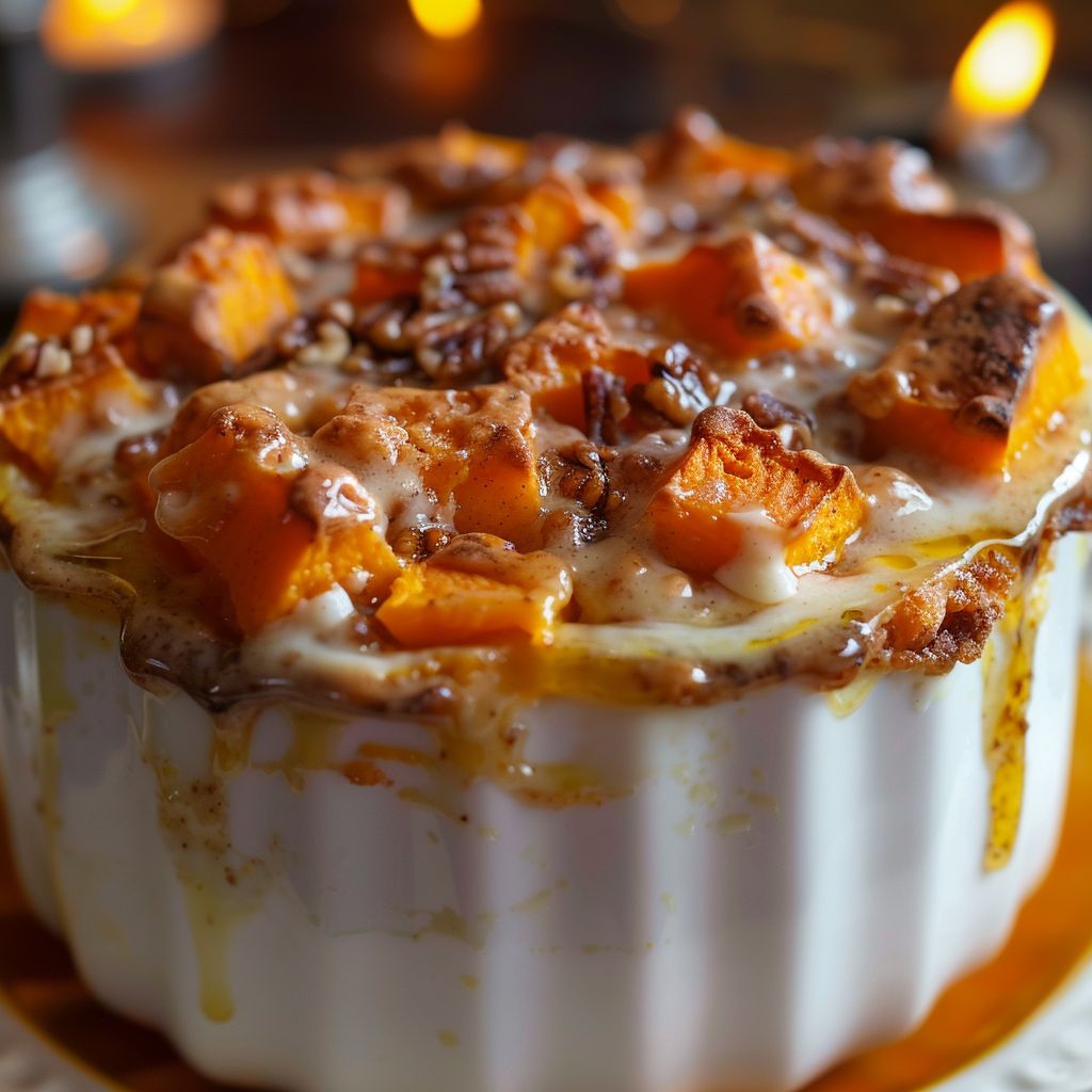Close-up of a golden-brown sweet potato souffle with a creamy texture, illuminated by soft natural light.