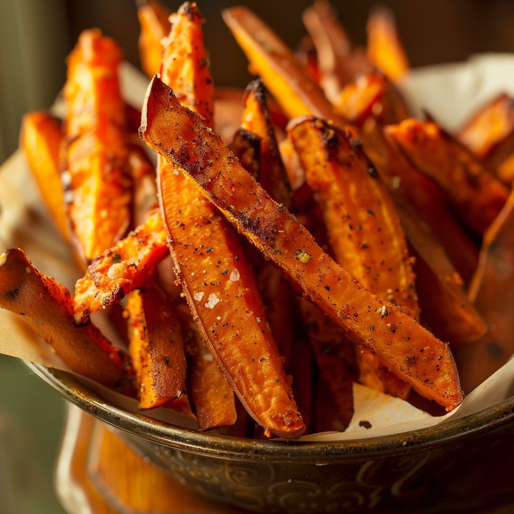 Close-up of golden brown sweet potato fries on a rustic wooden surface.