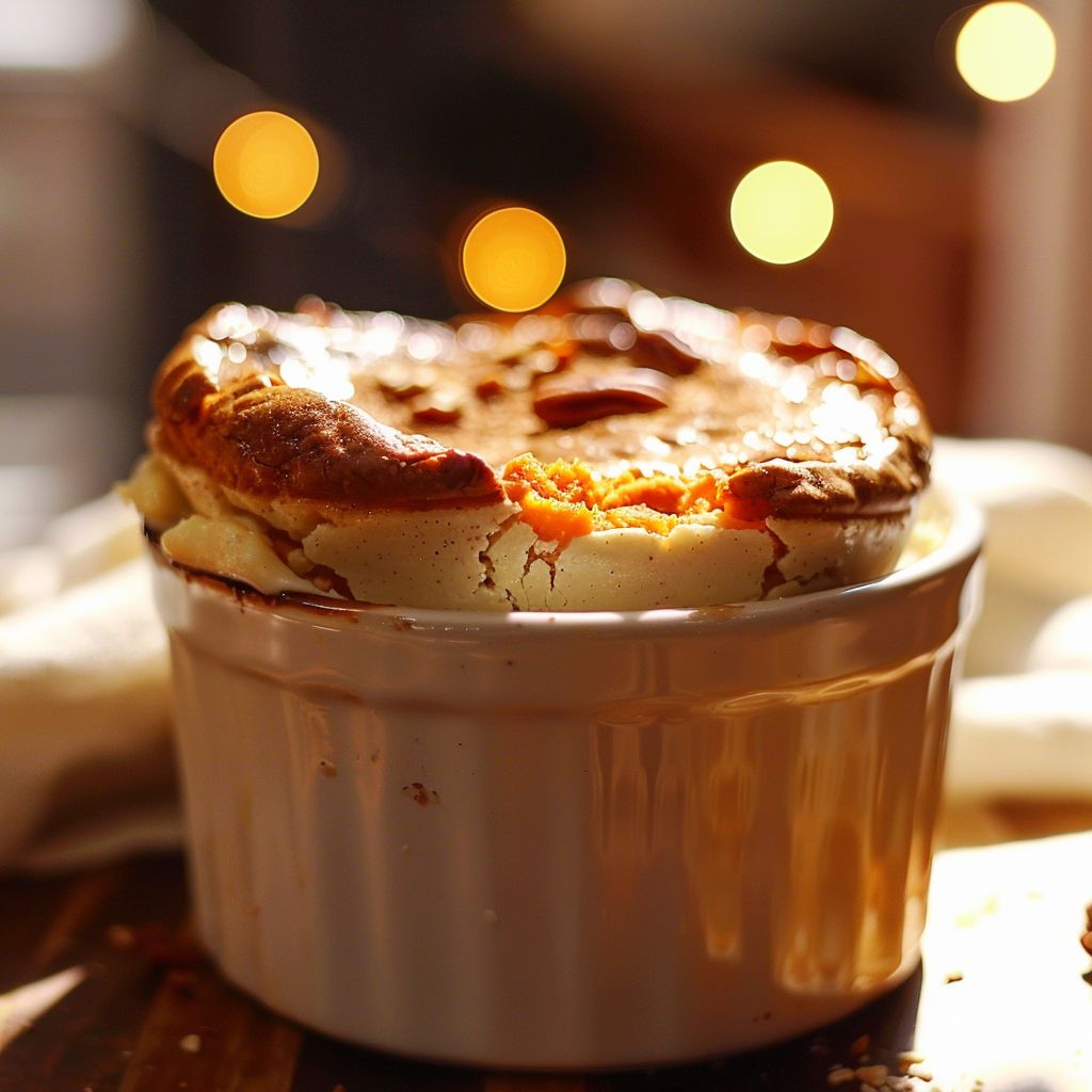 Close-up of a golden-brown sweet potato soufflé in a rustic dish.