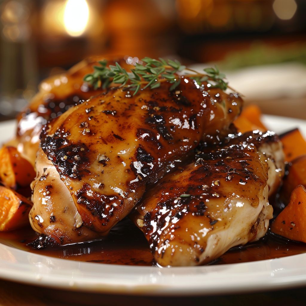 A close-up of maple-glazed chicken with sweet potatoes, displayed on a rustic wooden table.