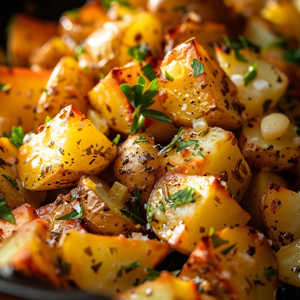 Close-up of golden-brown Garlic Roast Potatoes with garlic and herbs.