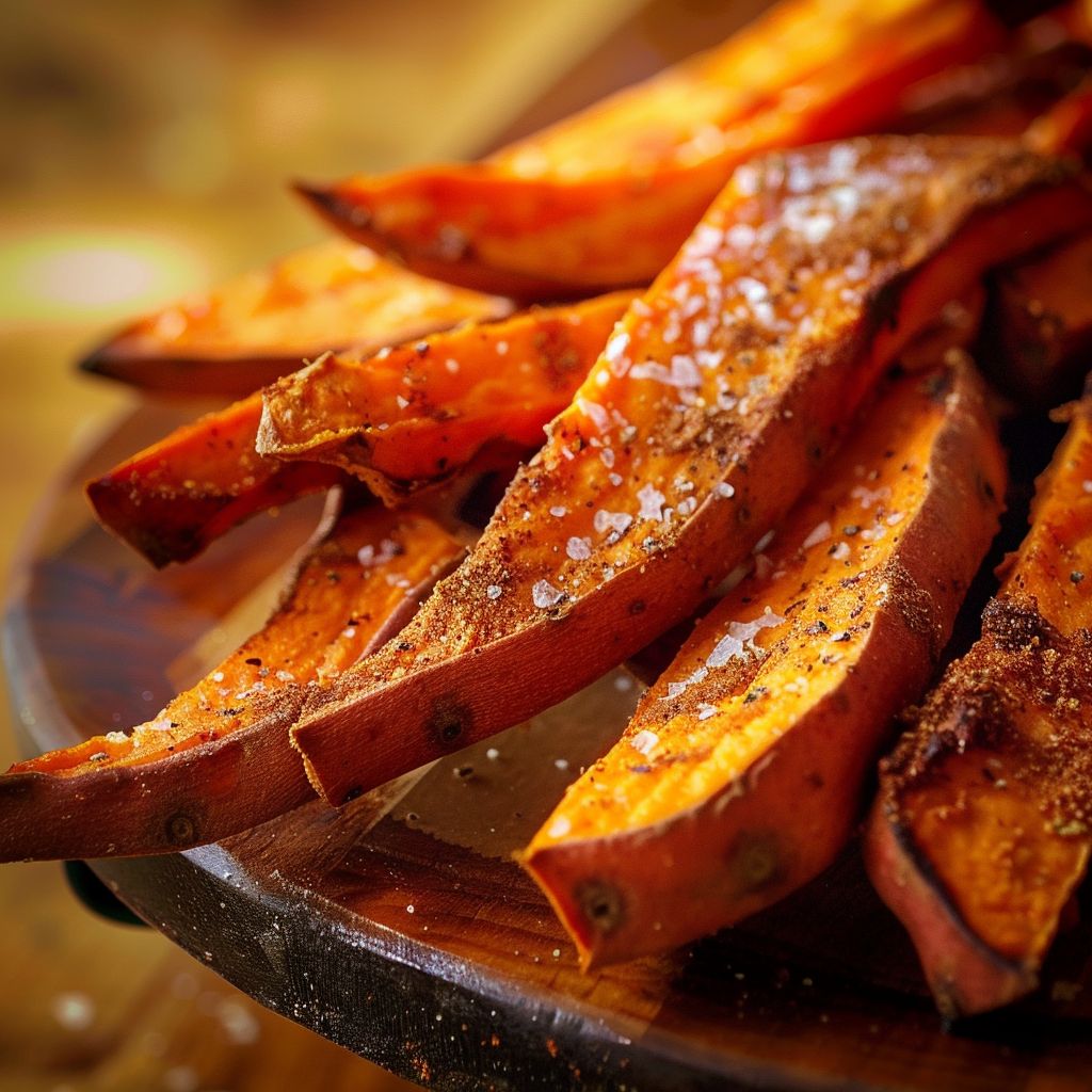Close-up of crispy oven-baked sweet potato fries served in a rustic setting.