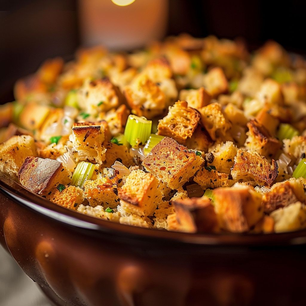 Close-up of Thanksgiving turkey stuffing with bread cubes and herbs in a warm, inviting setting.
