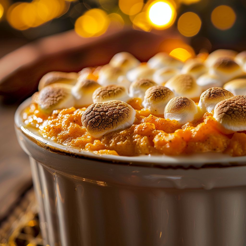 Close-up view of a Classic Sweet Potato Soufflé with a golden-brown top.