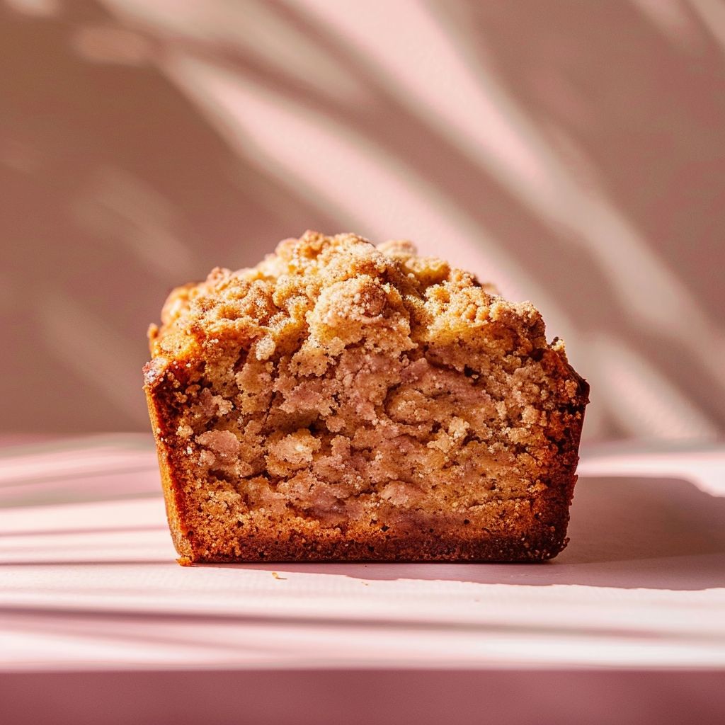 A moist slice of cinnamon crumb banana bread on a pale pink surface, illuminated by natural light.