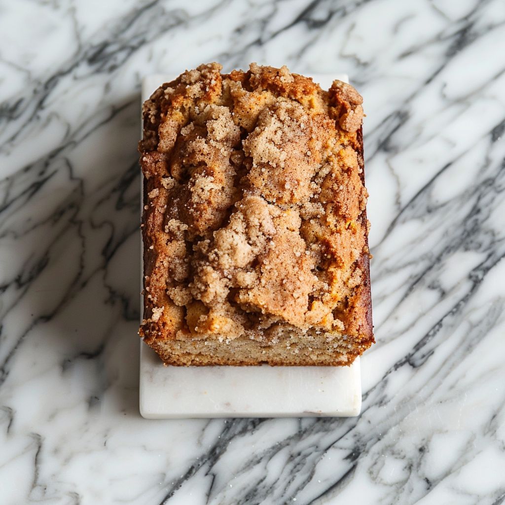 A top-down view of moist cinnamon crumb banana bread served on a white marble countertop.