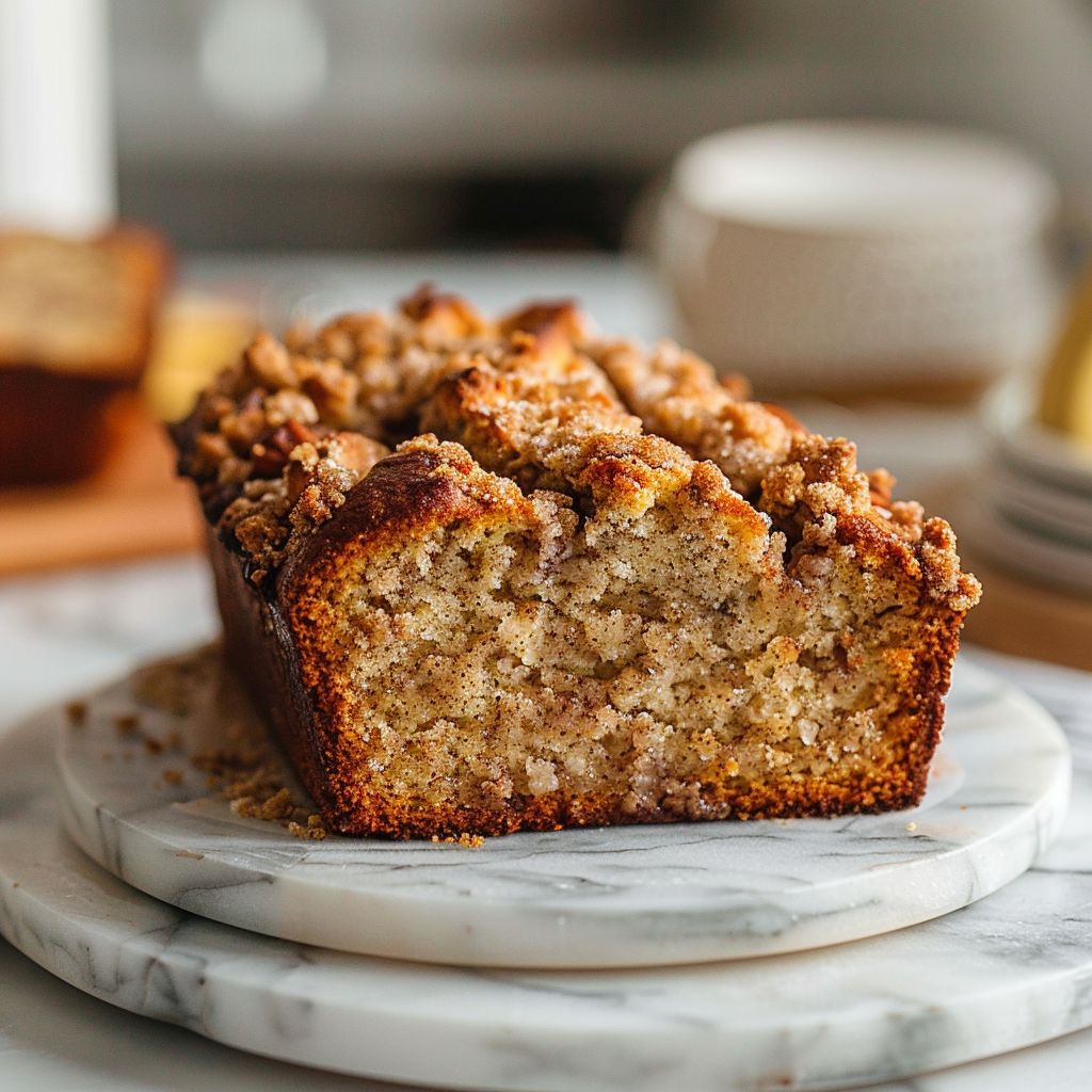 Close-up of a moist cinnamon crumb banana bread slice on a white marble countertop.