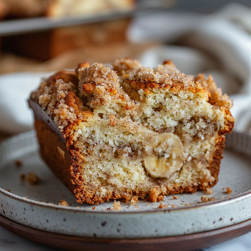 Close-up of moist cinnamon crumb banana bread on a light grey plate.