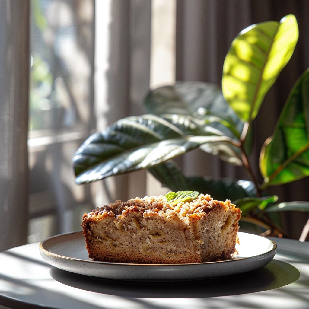 A slice of moist cinnamon crumb banana bread on a light grey ceramic plate, beautifully presented.