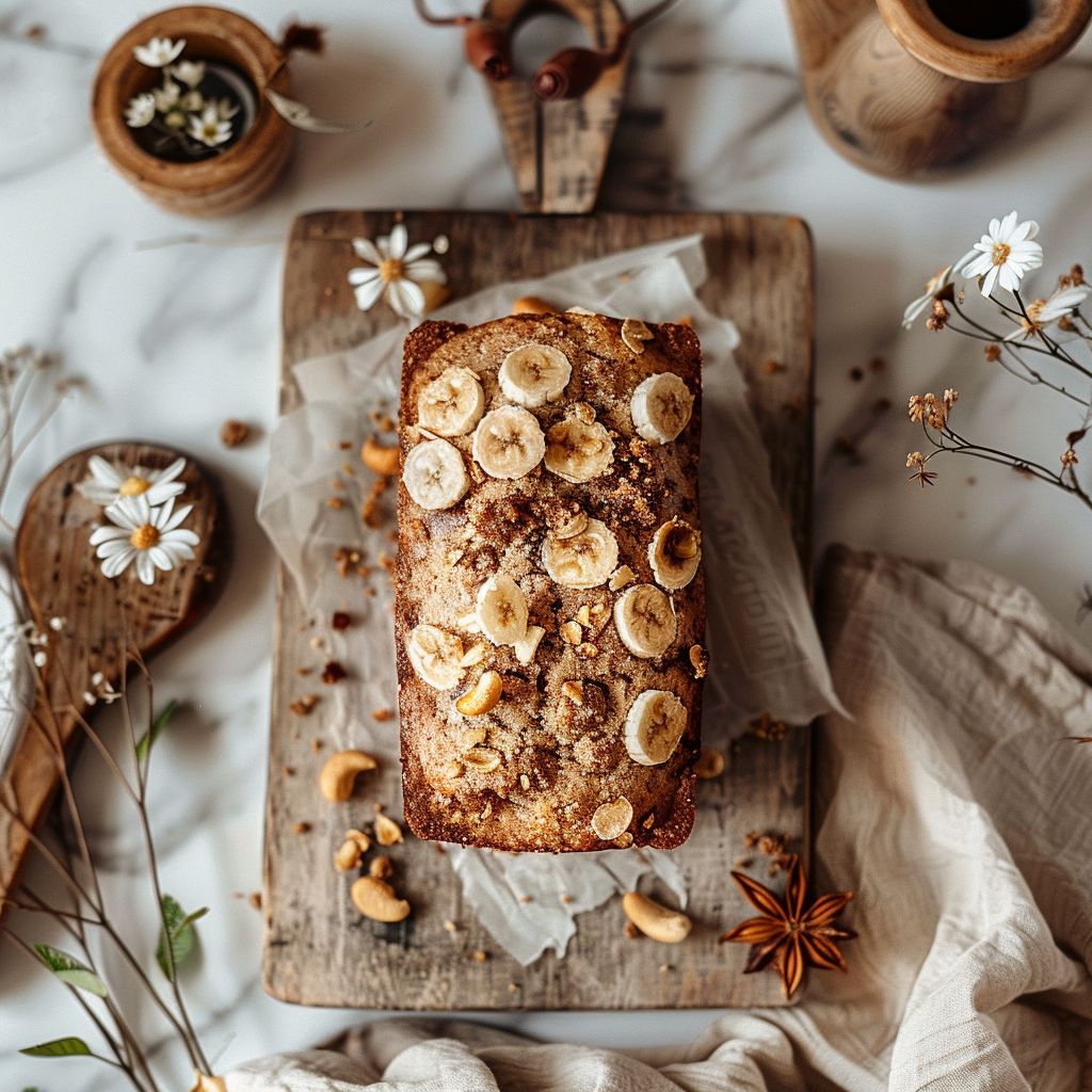 A top-down view of a slice of moist cinnamon crumb banana bread on a light wooden board.