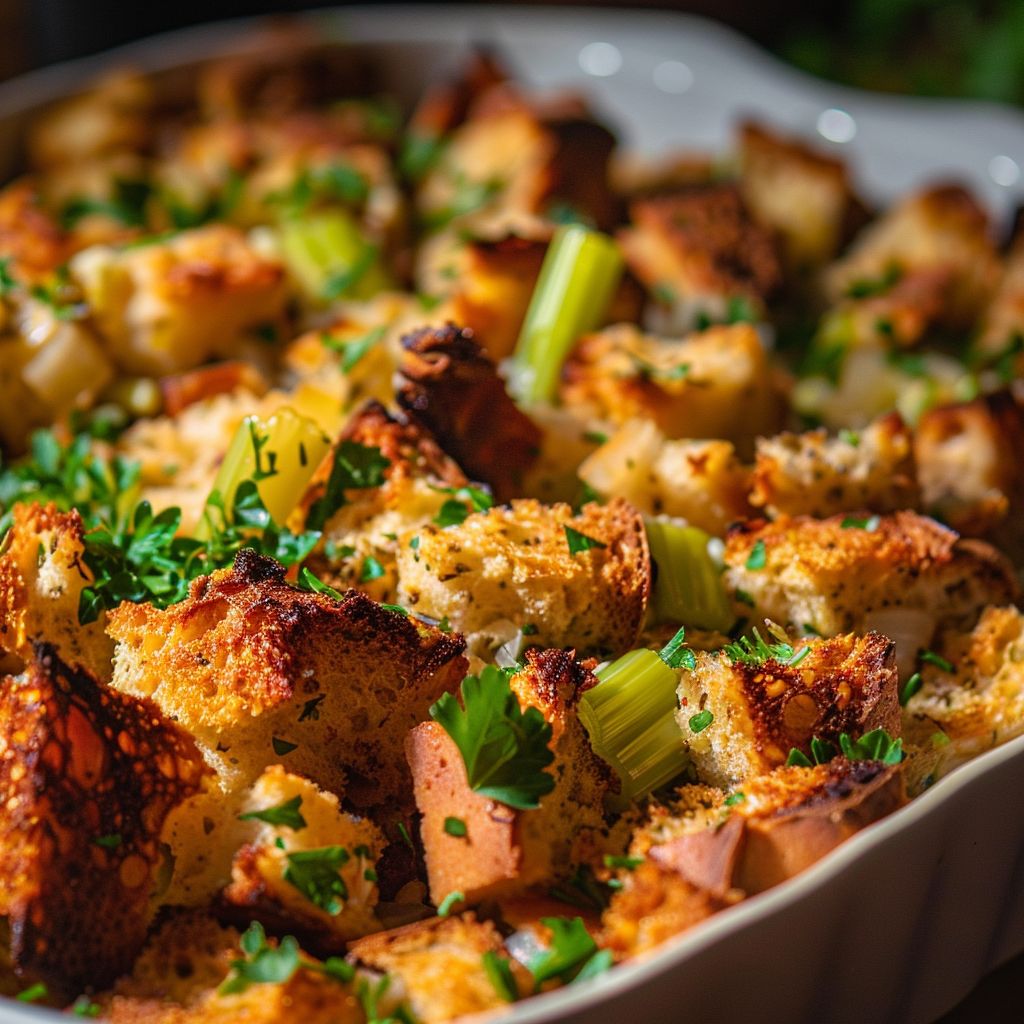 Close-up of fluffy homemade stuffing with bread cubes and herbs, warmly lit from the side.