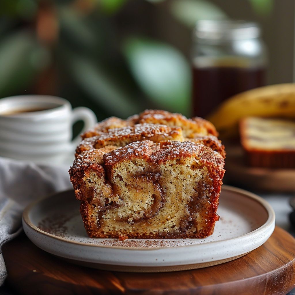 Close-up of a slice of cinnamon swirl banana bread on a light grey plate.
