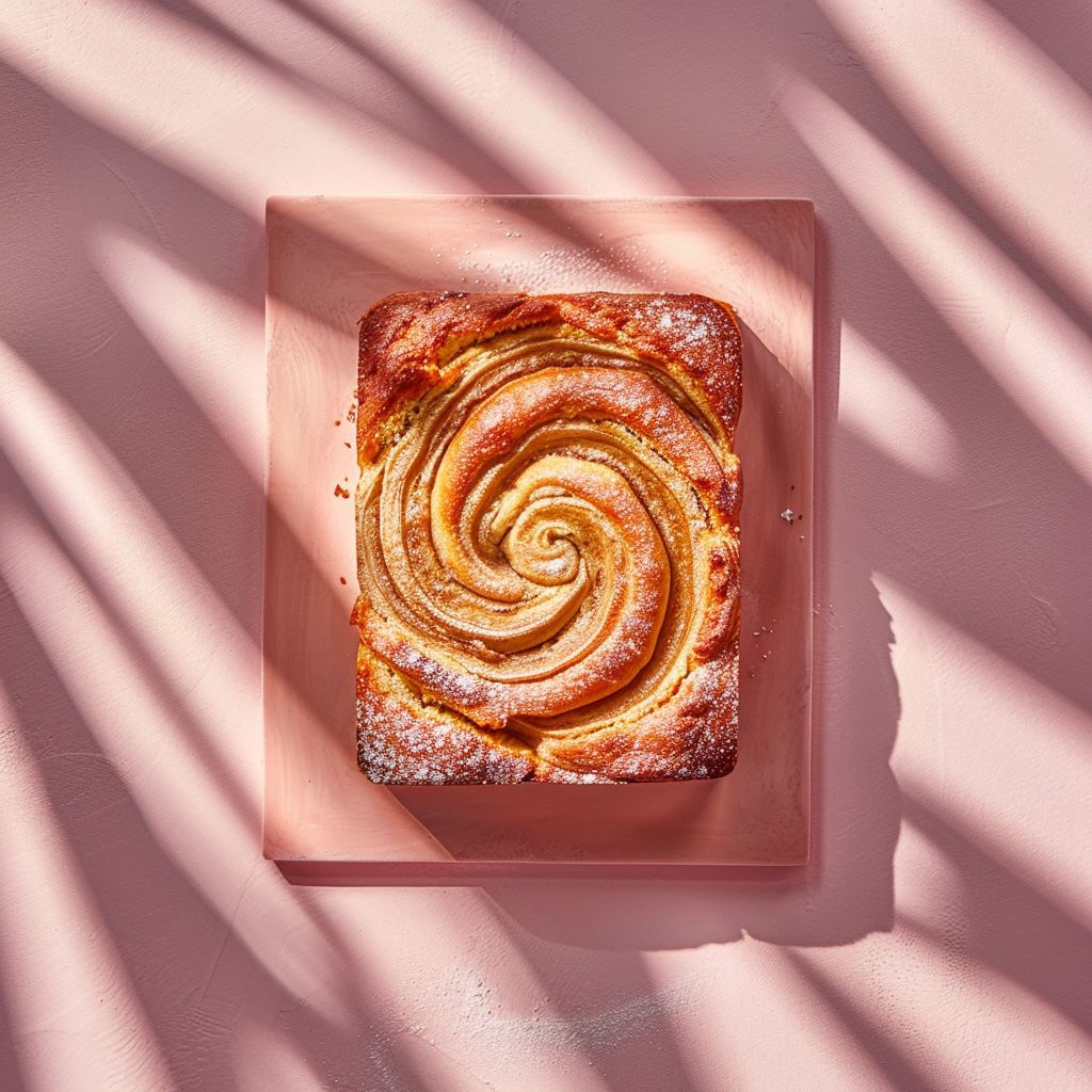 A top-down view of cinnamon swirl banana bread styled on a pale pink background.