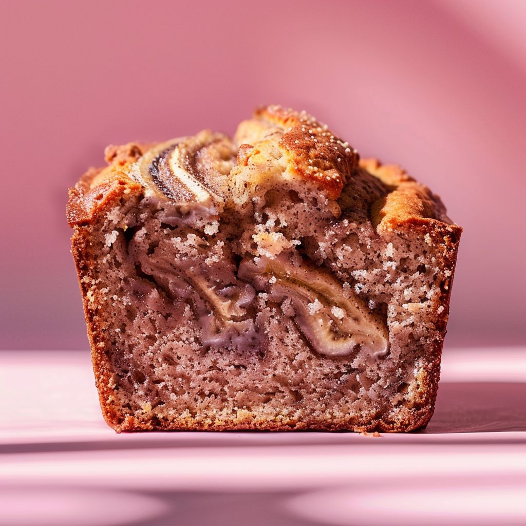 Close-up view of a slice of cinnamon swirl banana bread on a pale pink background.