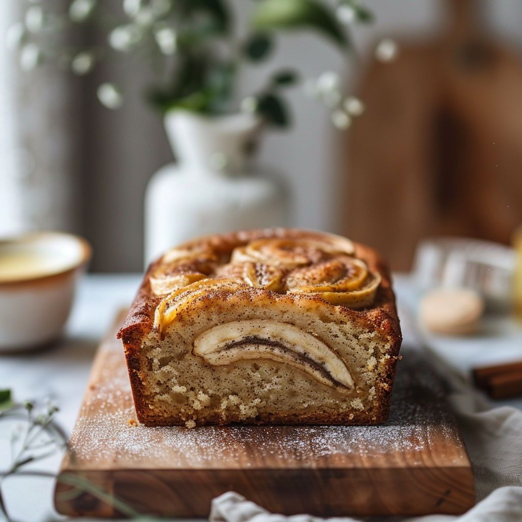 Close-up of a slice of cinnamon swirl banana bread on a wooden board.