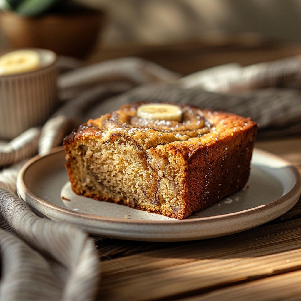 Close-up of a slice of cinnamon swirl banana bread on a light grey plate.