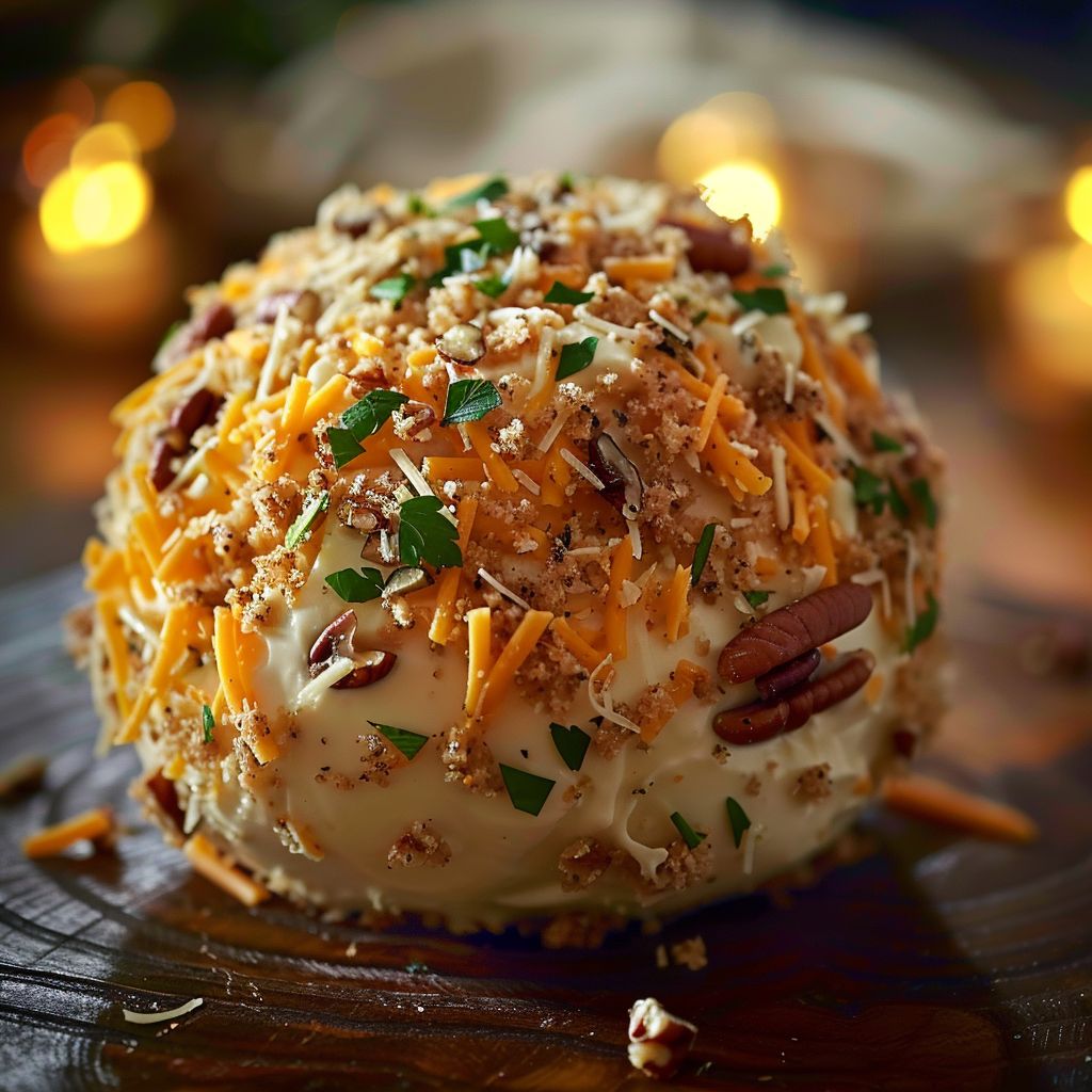 A close-up of a Thanksgiving Cheese Ball garnished with nuts and herbs, displayed on a rustic wooden platter.