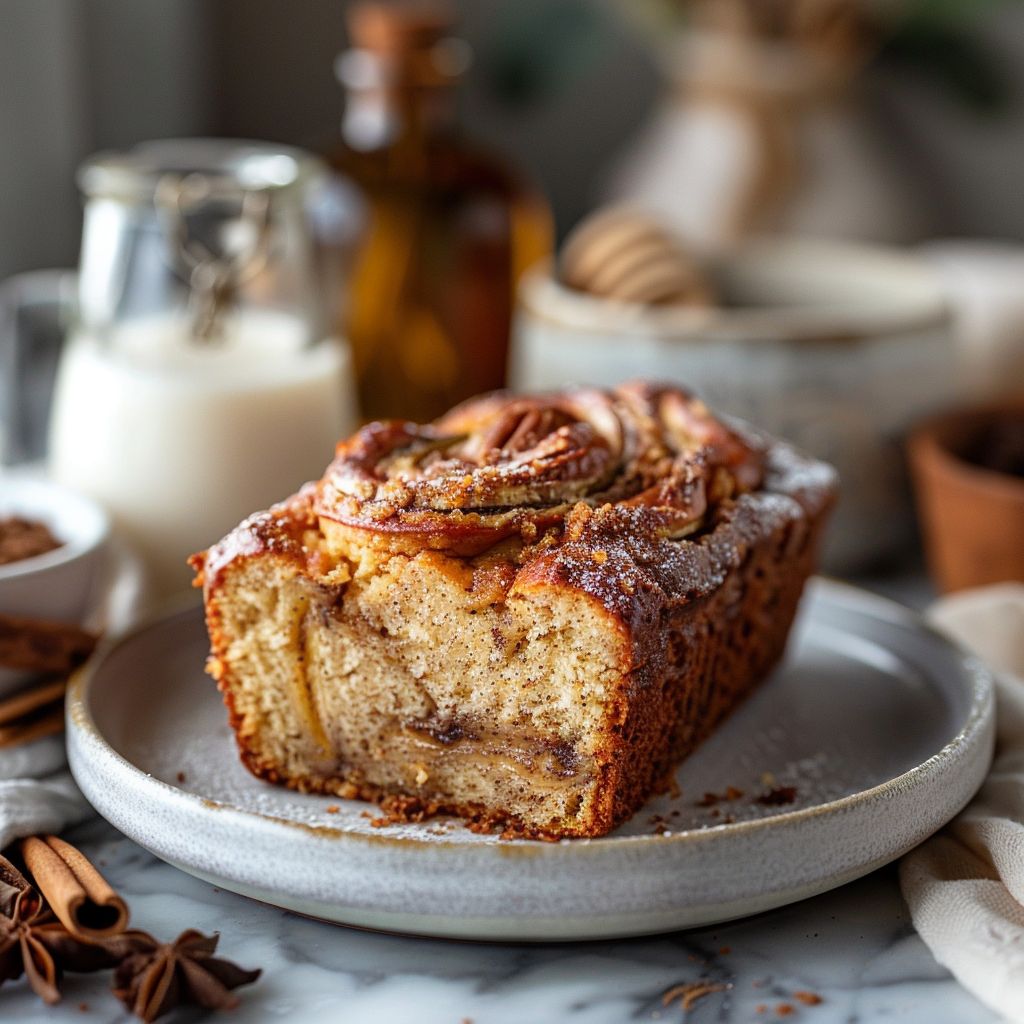 A slice of cinnamon swirl banana bread on a light grey ceramic plate.
