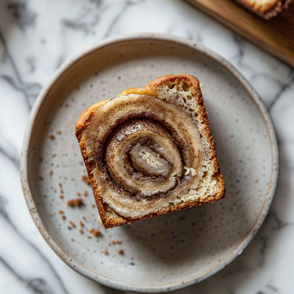 Top-down view of a slice of cinnamon swirl banana bread on a light grey ceramic plate.