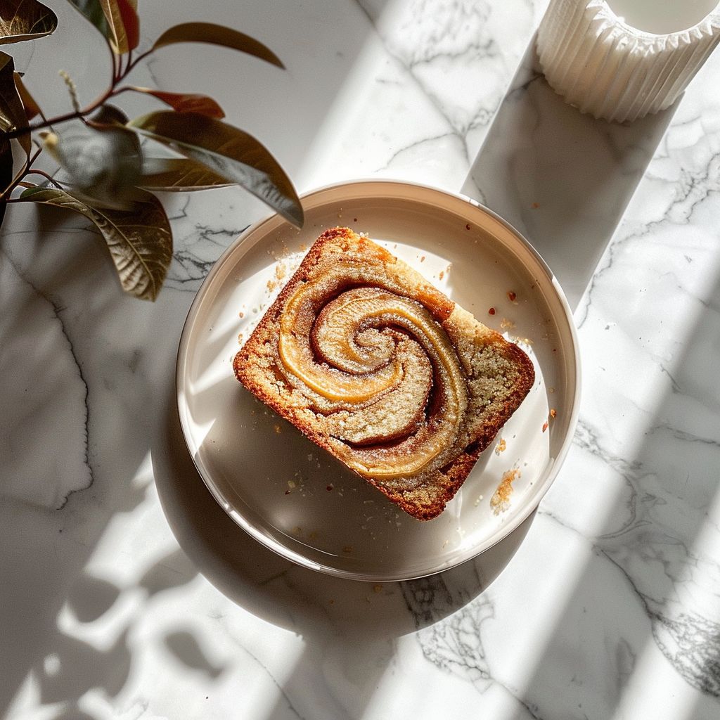 A top-down view of sliced cinnamon swirl banana bread on a white marble countertop.