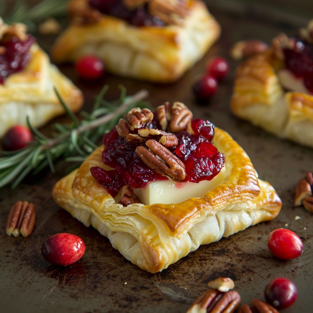 Close-up of golden-brown Baked Cranberry Brie Bites with a glossy cranberry topping and a sprinkling of nuts.